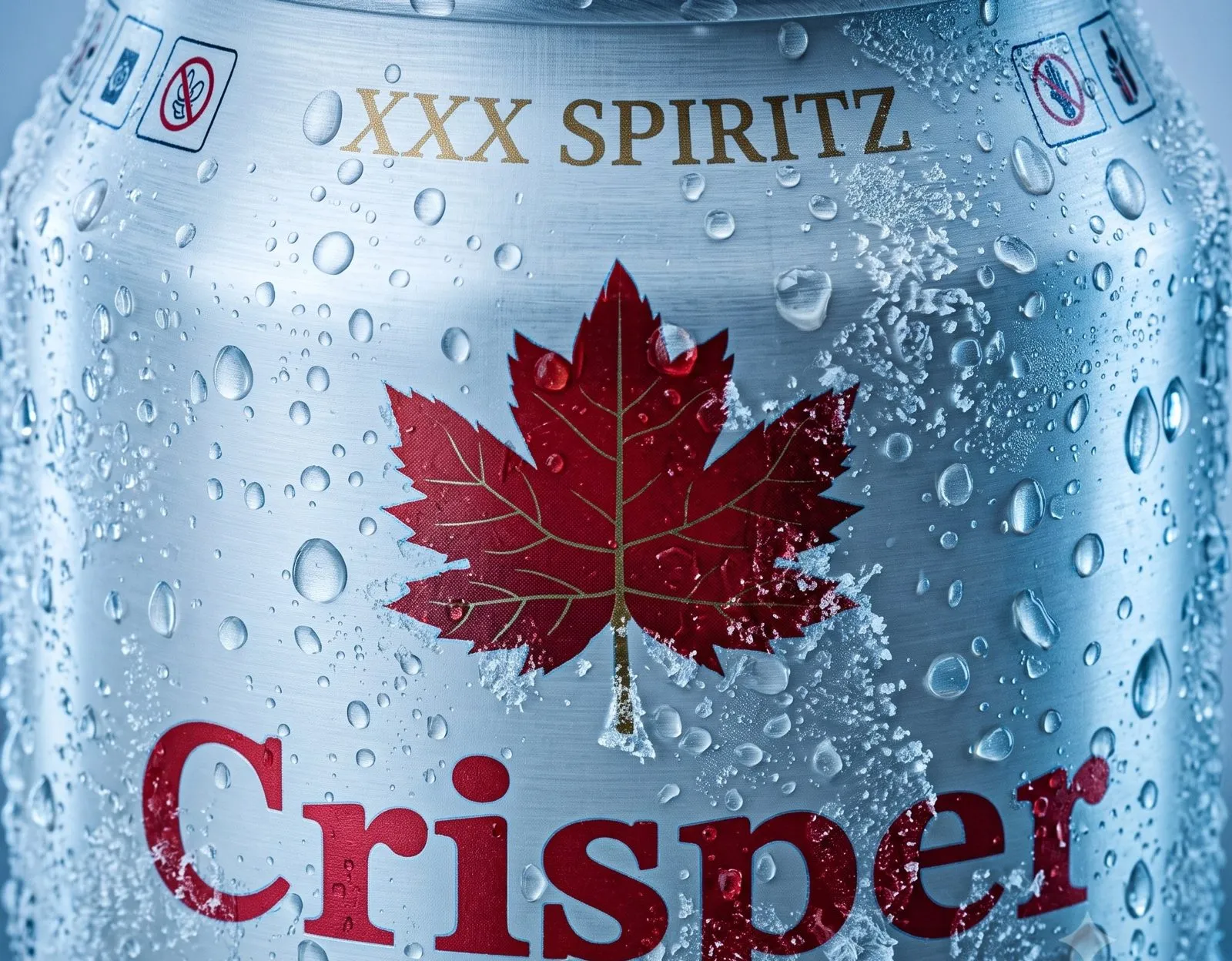 Extreme close-up of a frosted Crisper can beaded with condensation