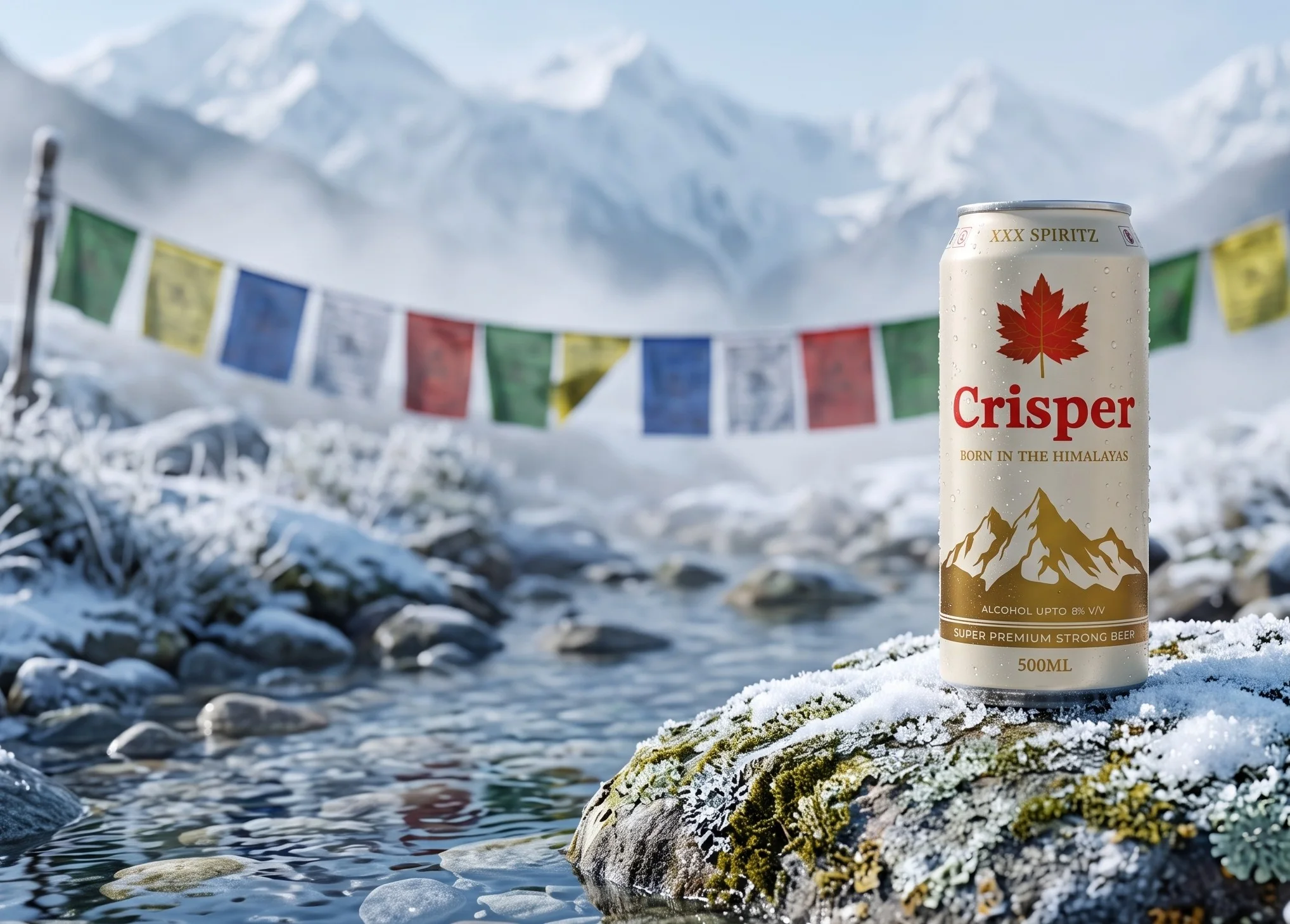 A can of Crisper on a rock beside a glacial Himalayan stream, prayer flags strung behind