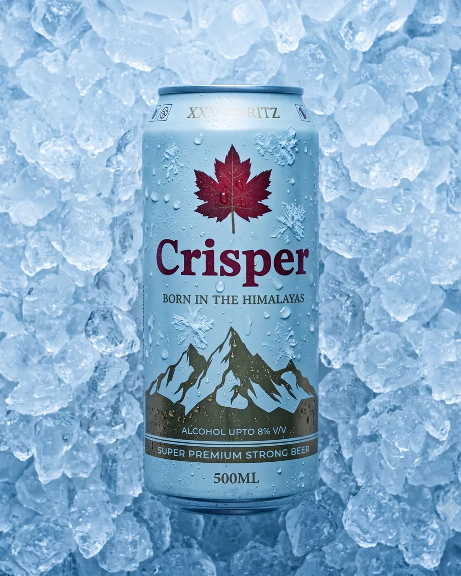A frosted can of Crisper standing on a bed of crushed ice, beaded with condensation
