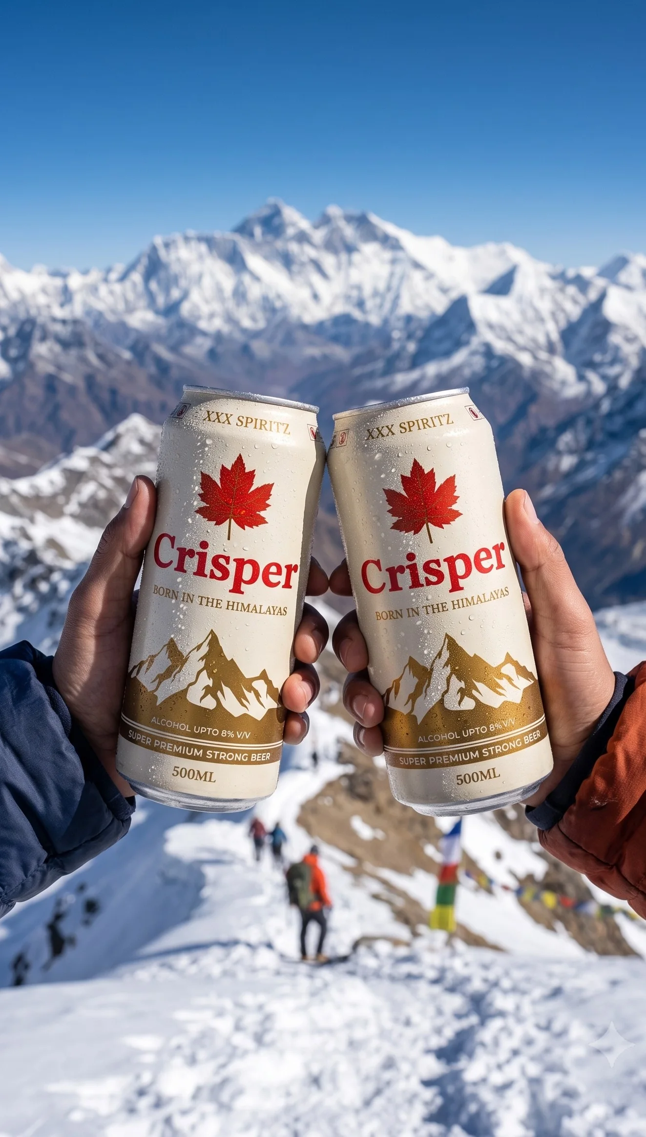 Two friends toasting with cans of Crisper on a snowy Himalayan ridge